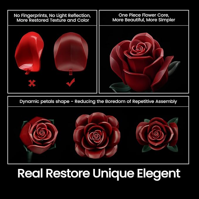 iATOM Burgundy Red Rose Bouquet Building Set, Artificial Flowers Botanical Collection Kit for Adults Women, Halloween & Valentines Gift - Gothic Home Office Table Centerpiece Decor - IA11016