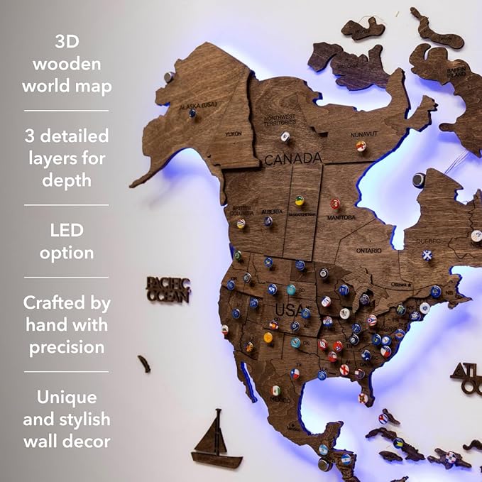 Enjoy The Wood 3D Wood World Map LED 3.0 Wall Art Modern Home Decor Gifts LED Lighting Wall Decor Housewarming Gift (Dark Walnut)