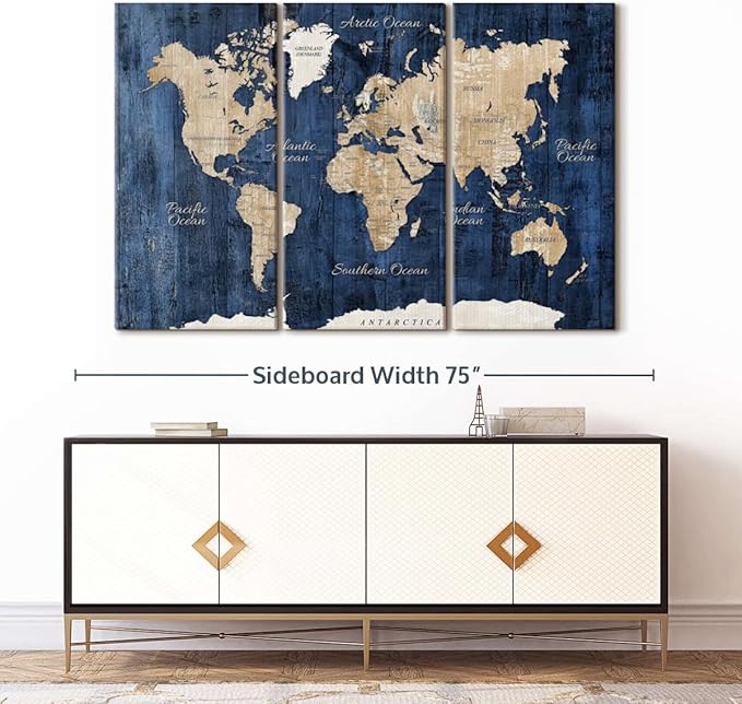 ElephantStock Aged Blue World Map II Canvas - 3 Panel Wall Decor - World Map Digital Art - Blue Wall Art - 65" X 42"