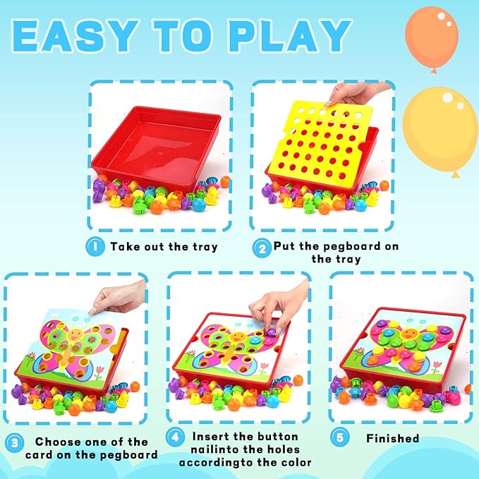 Button Art Toys for Toddlers Ages 3-5, Early Learning Educational Toys, Color Matching Mosaic Pegboard, Fine Motor Skills Game, Preschool Learning Crafts Activity Gifts for Boys & Girls 3+