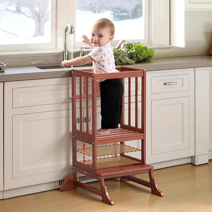 COSYLAND Toddler Step Stool Height Adjustable – Portable Kids Kitchen Stool Helper with Stabilizing Base Block – Toddler Standing Tower for Bathroom Living Room Dining Room (Brown)