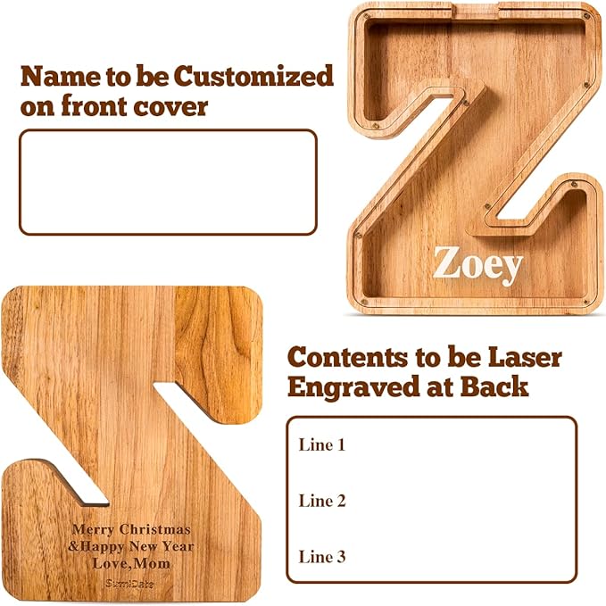 Customized Name Large Wooden Piggy Bank for Kids Boys Girls Alphabets Letter A-Z Coins Bills Money Change Bank Box Initial on Clear Cover (Laser Engraved) (Alphabet-Z, Personalized-9")