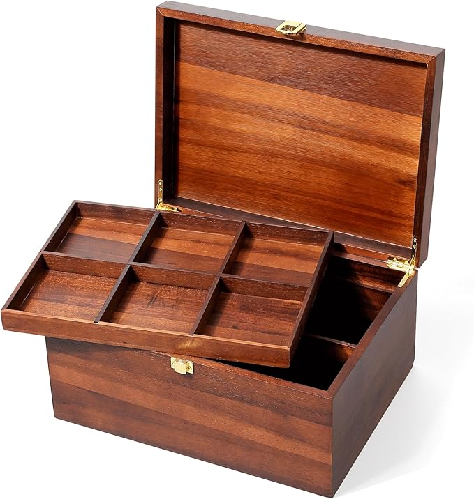 Large Wooden Storage Box with Adjustable Tray, 12.5 IN Acacia Wood Keepsake Box with Lid for Storage Trinkets, Jewelry, Card, Photo, Wooden Decortive Case for Home 12.5x9.4x6.1 IN -WB006-X Large