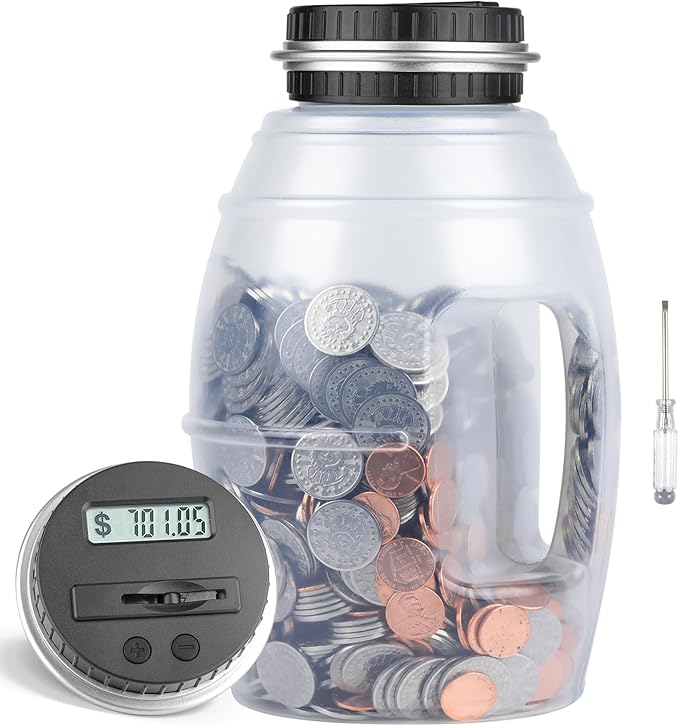 Large Digital Coin Bank for Kids and Adults - LCD Counter, 2.8L Capacity for US Coins (Silver)