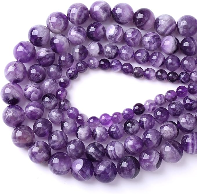 12MM 32PCS Purple Amethyst Dream Lace Beads Natural Quartz Crystal Stone Loose Beads for Jewelry Making DIY Bracelet Grade A+ 15 inches Strand