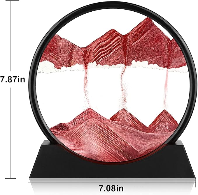 Moving Sand Art Picture - 3D Quicksand Painting Decor - Round Glass 3D Deep Sea Sandscape - Relaxing Home Decoration Desk Toys for Home Office Desk Mantle Bookshelf- (Red, 7 in)