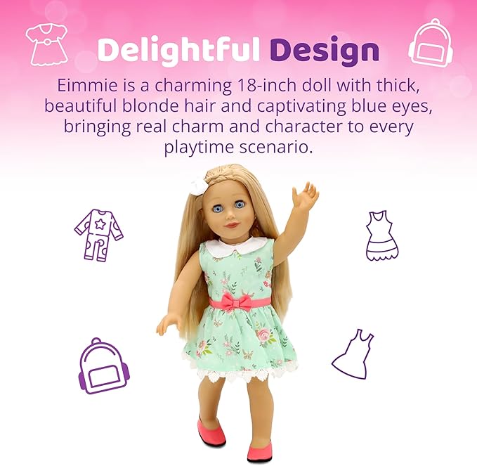 Playtime by Eimmie 18 Inch Doll with Blonde Hair, Blue Eyes, Outfit, Shoes, Pajamas, 18” Clothes Accessories & Travel Suitcase - Girls, Toddler & Childs Play Dollie - Eimmie