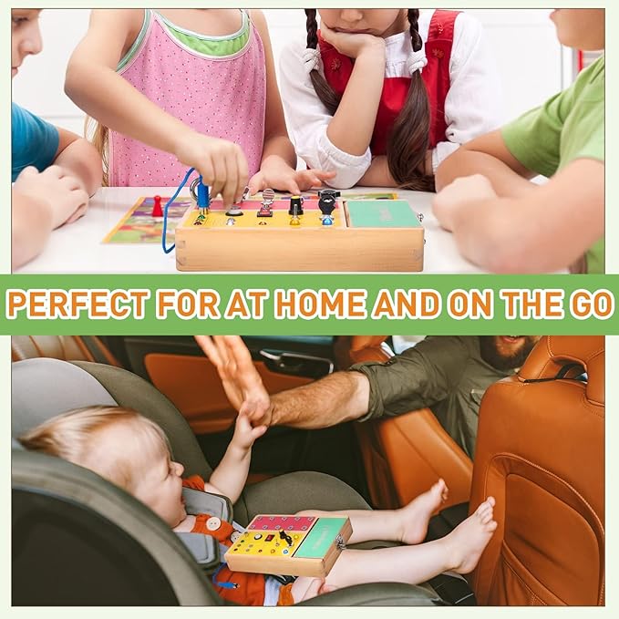 Tilhumt Busy Board with LED Light, 2-in-1 Montessori Screwdriver Board Set with 6 LED Light Switches, Toddler Montessori Switch Fidget Board with Lockable Toolbox, Travel Activity Toys for Outdoor