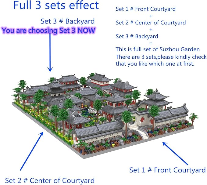 Architecture Chinese Style of Suzhou Garden,Set 3 Backyard, Micro Block,Classical Famous Building Block Set,Asian Cultures,3988 PCS for Adults and Teens