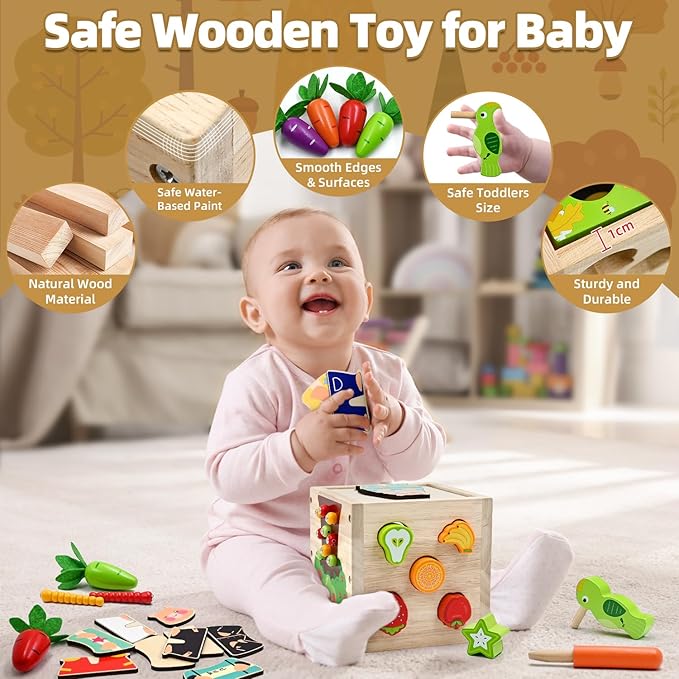 Baby Wooden Activity Cube Montessori Toys for Boys Girls Birthday Gifts, 5 in 1 Early Educational Learning Fine Motor Skill Game Toys for Toddlers Kids 18 24 Month Christmas Stocking Stuffers