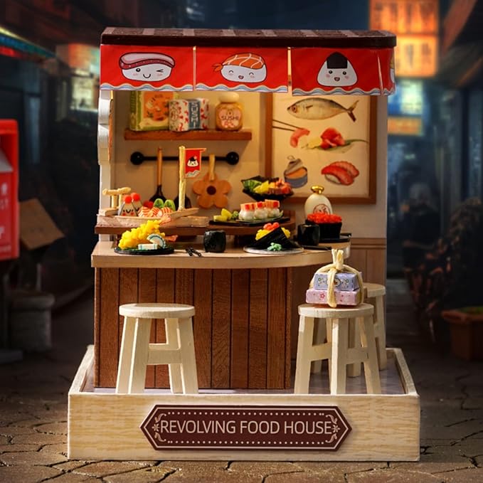 OZJAY DIY Miniature House Kit with Dust Proof Cover, 1:24 Scale Creative Room Mini DIY Wooden Dollhouse Miniature Kit for Adults Teen(Revolving Food House)
