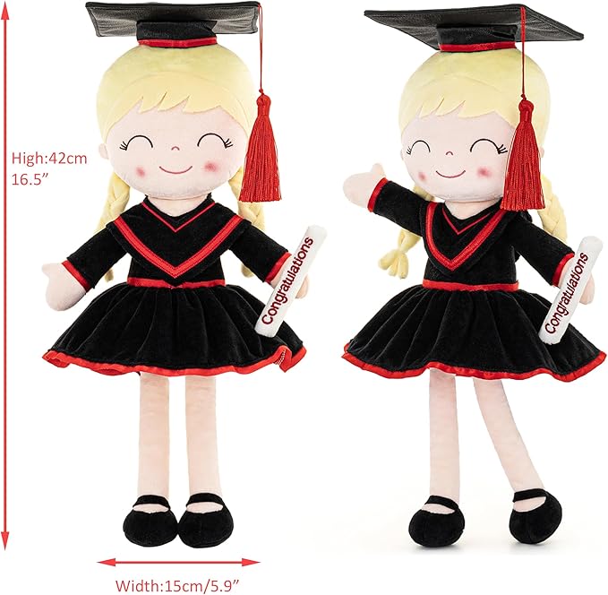 Gloveleya Graduation Plush Doll – 16 Inch Baby Girl Gift with Cap & Gown, Keepsake Congratulation Present for Kindergarten & School Graduation, Soft Cloth Doll with Gift Bag