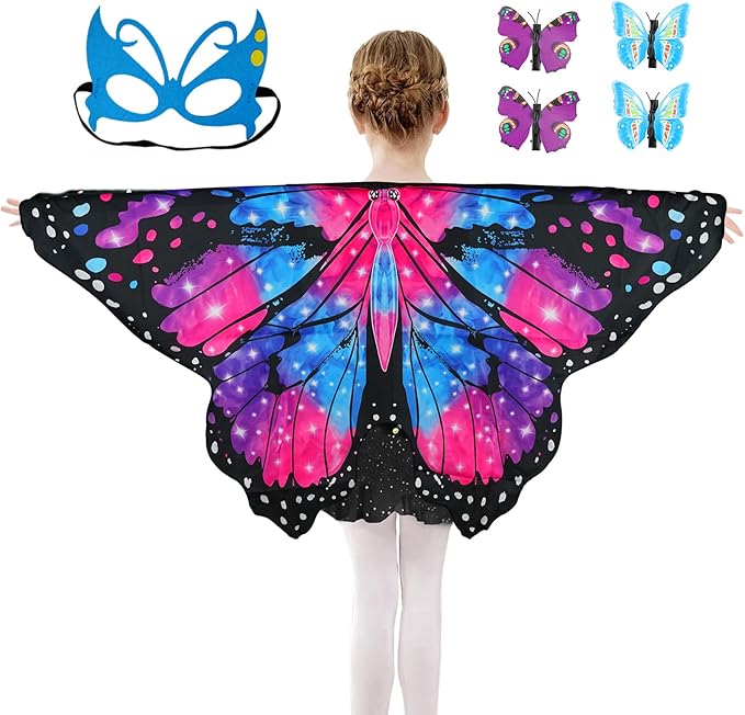 Butterfly Costume for Girls Fairy Wings Kids 4 Pcs(Cape,Skirts,Masks,Hair Clips) Butterfly Wings for Halloween Gifts