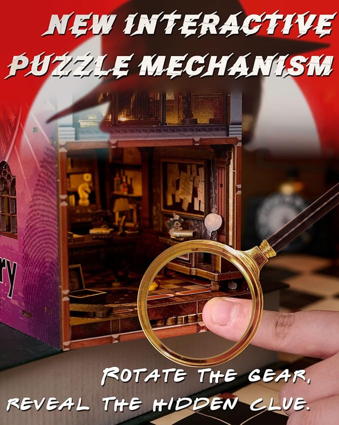 Book Nook Kit Detective, DIY Miniature Booknook Kit for Adults with LED Lights, 3D Wooden Puzzles Bookshelf Insert Decor Ideal Gifts for Men Teens Family (The Museum Mystery)