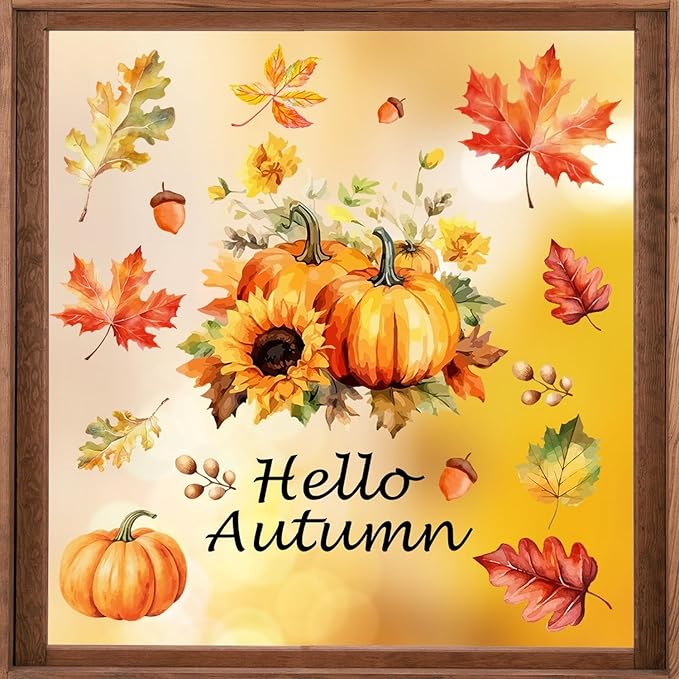 1 Sheet Pumpkin Window Clings Fall Window Clings for Glass Windows Double-Sided Hello Autumn Maple Leaf Flower Pumpkin Window Stickers for Glass Windows Decoration for Party Home Shop Decorations