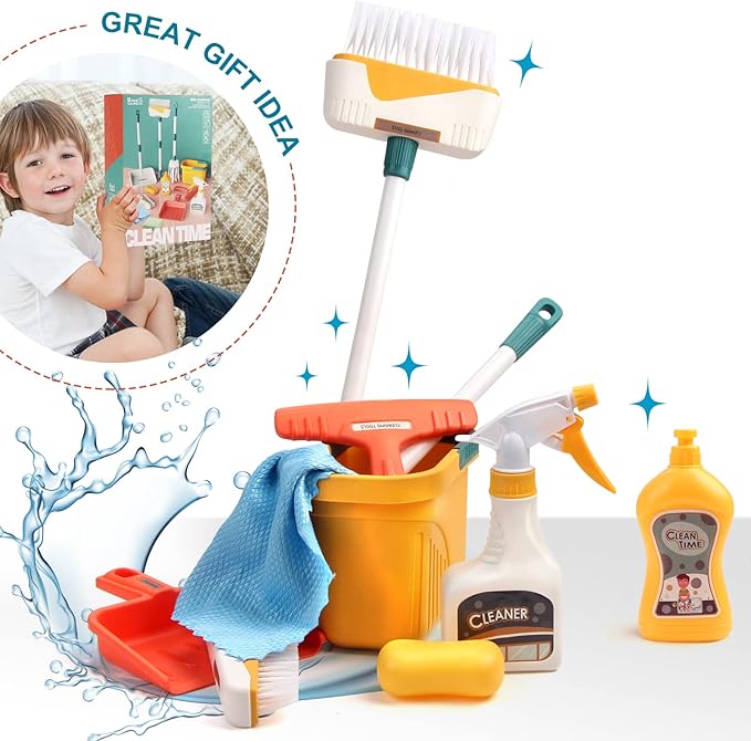 Joyfia Kids Cleaning Set 12 Piece, Toy Cleaning Set Includes Broom, Dustpan, Mop, Brush, Spray, Scraper, Bucket, Sponge and More, Pretend Play Housekeeping Kit for Toddlers Aged 3+