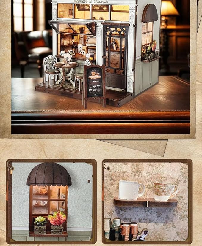 Book Nook Kit，DIY Miniature Dollhouse Kit for Adults and Teens，3D Wooden Tiny House for Family and Friends，Bookshelf Decor in Halloween/Christmas (DH-Garden-Cafe)