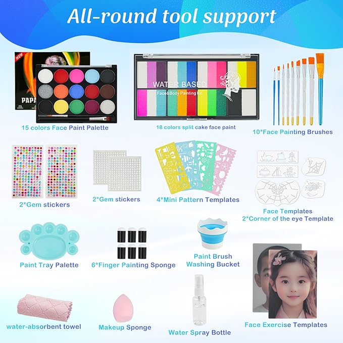 Face Painting Kit for Kids & Adults,Non-toxic Water Activated Face Paint Makeup set,Includes 18 Color+15 Color Face Paint Makeup Palette and Multiple makeup tools.Ideal for Halloween,Cosplay Makeup.