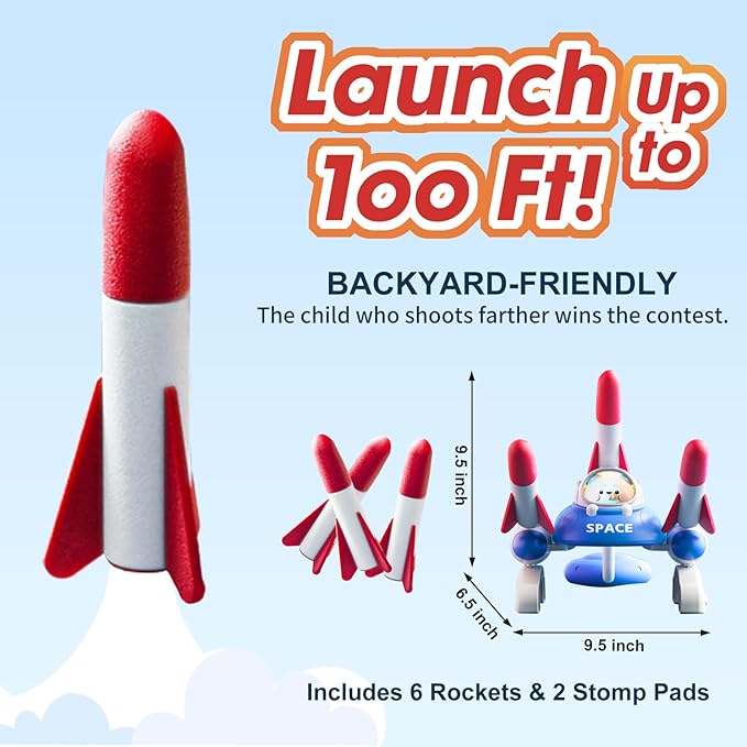 Rocket Launcher for Kids, Rocketship Toys, 6 Foam Rockets and 2 Launch Pads, Soars Up to 100 Feet, Fun Outdoor Toy Outside Game, Birthday Gifts for Boys Girls Ages 3 4 5 6 7 8 9 10 Years Old