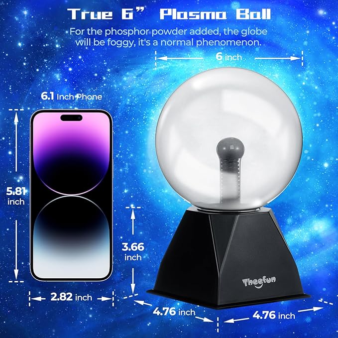 Theefun Blue Plasma Ball: 6 Inch Plasma Globe Touch & Sound Sensitive Plasma Ball Lamp Electric Ball Lightning Novelty Light for Parties, Home, Prop, Room Decoration, Christmas Gifts