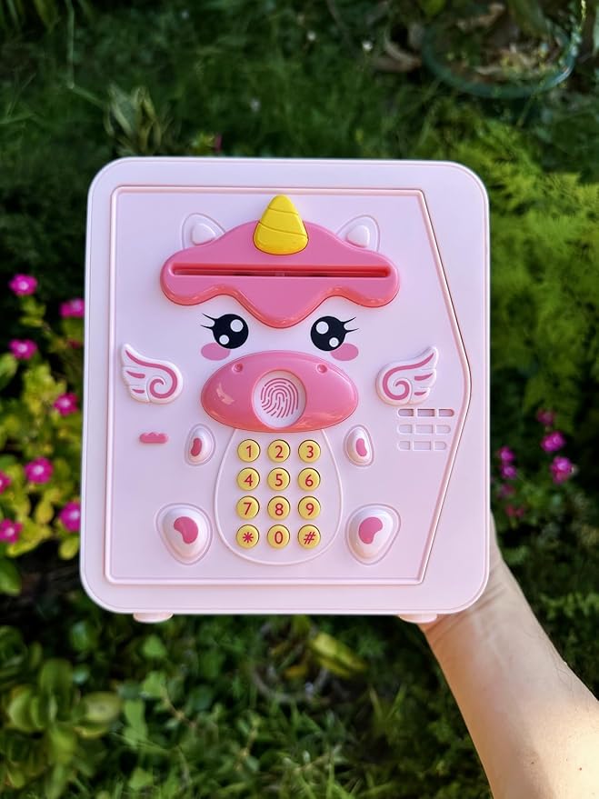 Piggy Bank for Kids - Electronic Money Saving Box w/Code Fingerprint - ATM Safe Toy - Coin Bank Girl Toys for Ages 3 4 5 6 7 8 9 10 Year Old - Birthday Xmas Ideal Gifts for Girls (Pink Unicorn)