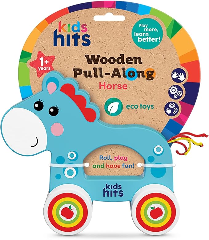 Wooden Pull-Along Horse – Eco-Friendly Toddler Toy with Spinning Wheels & Tactile Tail – Early Learning Toy for 1 Year Old and Up