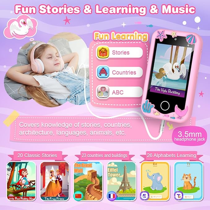 Kids Smart Phone Christmas Birthday Gifts for Boys Age 3-10 Dinosaur Toys Smart Phone 2.8" Touchscreen Built-in 32G SD Card Dual Camera 28 Learning Games Music Player MP3 Music Player
