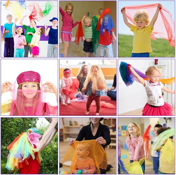 Juggling Scarves, Dance Scarves for Kids Play 12 PCS Square Silk Scarf Music Performance Props for Toddlers Children