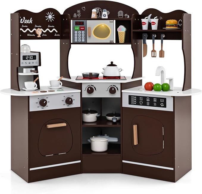 Costzon Corner Play Kitchen, Wooden Kids Kitchen Playset with Lights & Sound, Coffee Maker, Washing Machine, Oven, Microwave, Toddler Toy Kitchen for Pretend Play, Gift for Boys Girls 3+ (Brown)