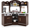 Costzon Corner Play Kitchen, Wooden Kids Kitchen Playset with Lights & Sound, Coffee Maker, Washing Machine, Oven, Microwave, Toddler Toy Kitchen for Pretend Play, Gift for Boys Girls 3+ (Brown)