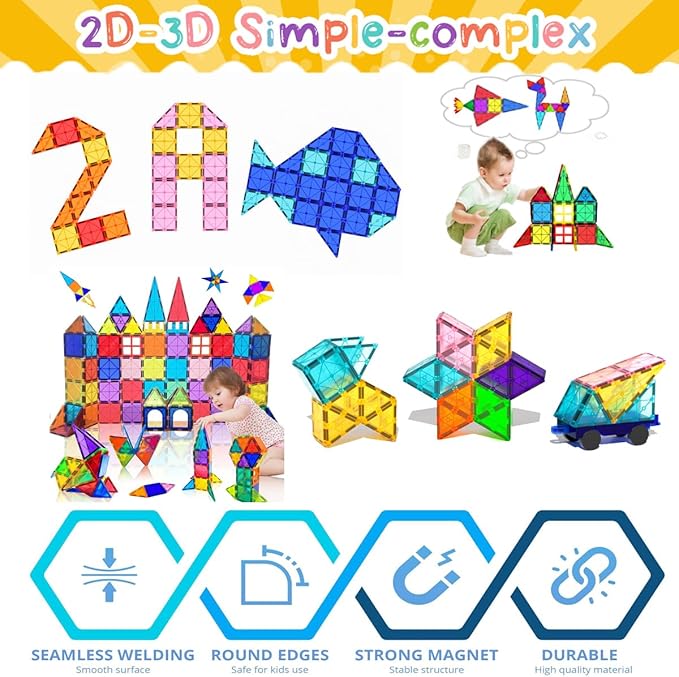 Large Magnetic Tiles Set 4 Piece Square Shape Building Blocks for STEM Learning & Fun Kit for Kids, Educational Playset for Boys & Girls 3+, Construction Toy Magnetic Tiles Square Only, Expansion Set