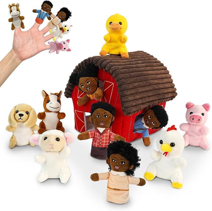 11 Pcs Finger Puppets Set Mini Toys, Soft Plush Animal Finger Puppet for Kids Mini Stuffed Animals with Farm House, Family Finger Puppets for Toddlers Storytelling Role-Playing Christmas School