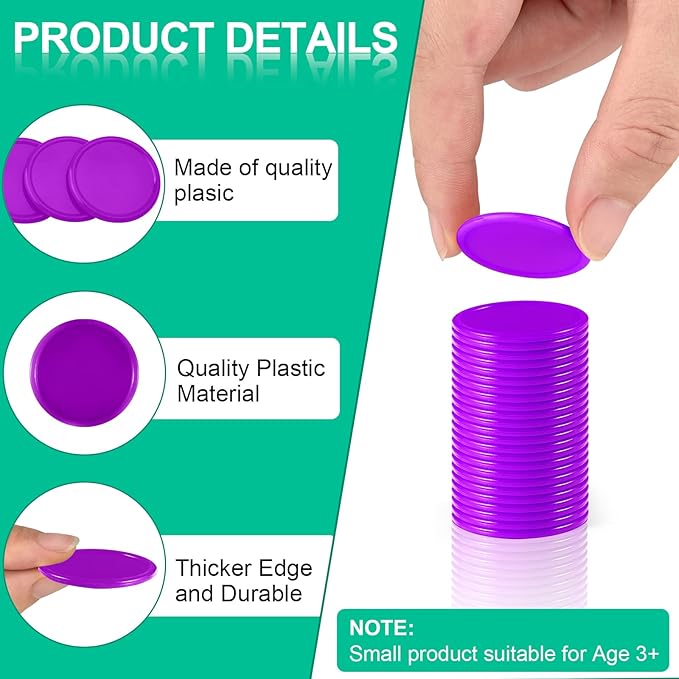 Coopay 500 Pieces Plastic Learning Counters Disks Bingo Chip 5 Colors Counting Discs Markers for Math Practice and Poker Chips Game Tokens Kids Reward, 1 Inch (White, Blue, Black, Green, Purple)