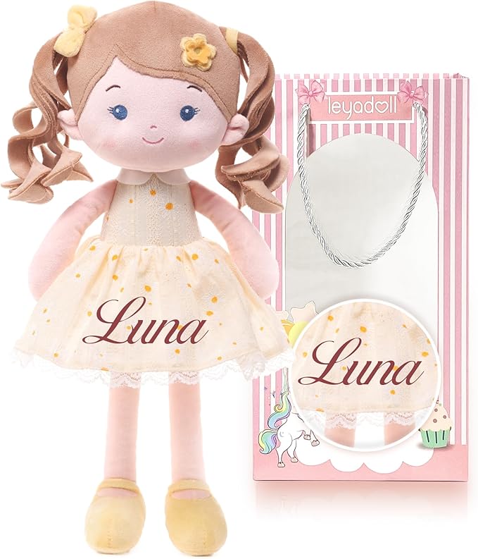 LeyaDoll Personalized Soft Baby Doll Toys (16''), My First Baby Rag Doll for 1 Year-Old Girl Birthday Gift, Christmas Plush Toys Gift for Toddler Kids Infants-Daydream Daisy Girl-Yellow