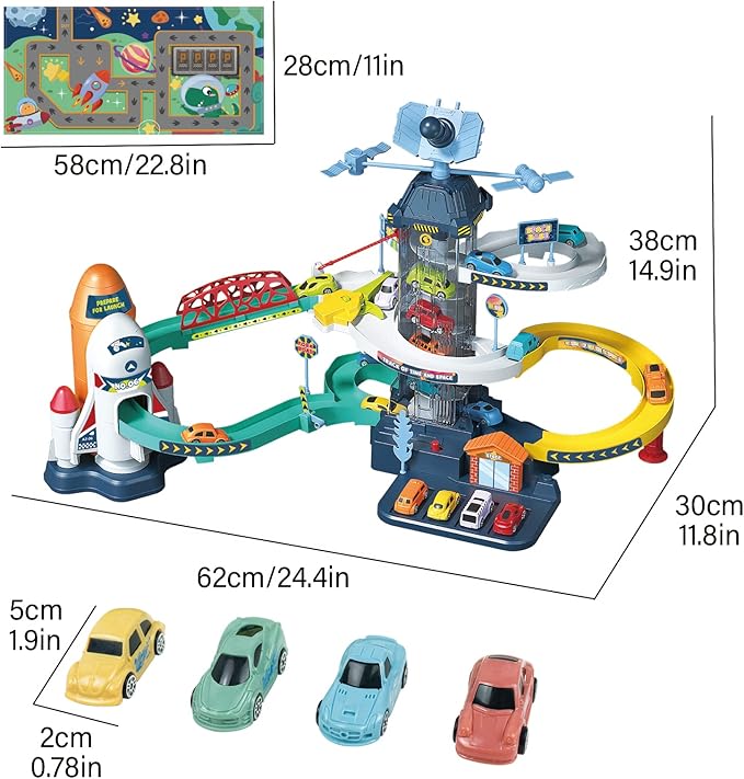 RedCrab Car Race Track Elevator for Boys, Kids Space Car Ramp Climbing Hills Parking Adventure Playset,Satellite Cars Garage Track with Electric Elevator Toy for Children