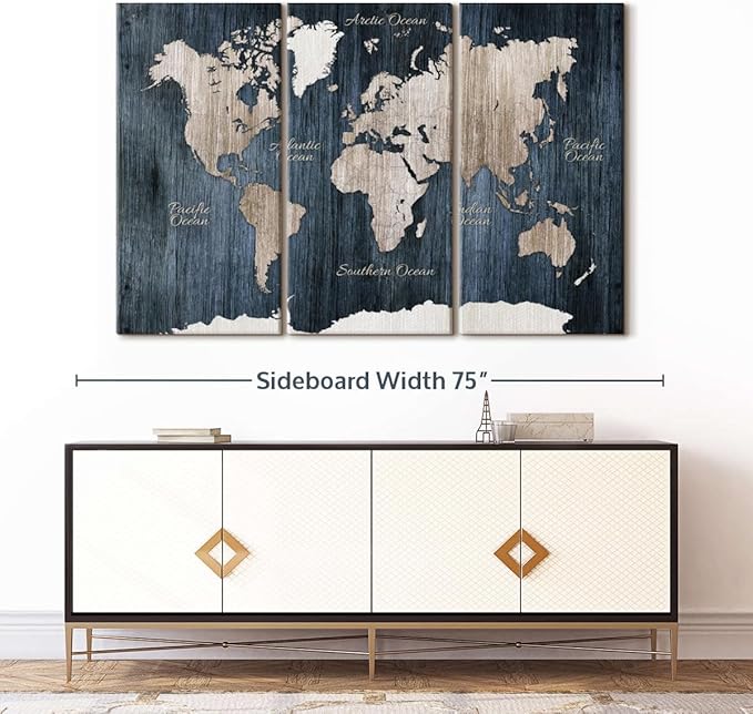 ElephantStock Aged Blue World Map I Canvas - 3 Panel Wall Decor - World Map Digital Art - Blue Wall Art - 65" X 42"