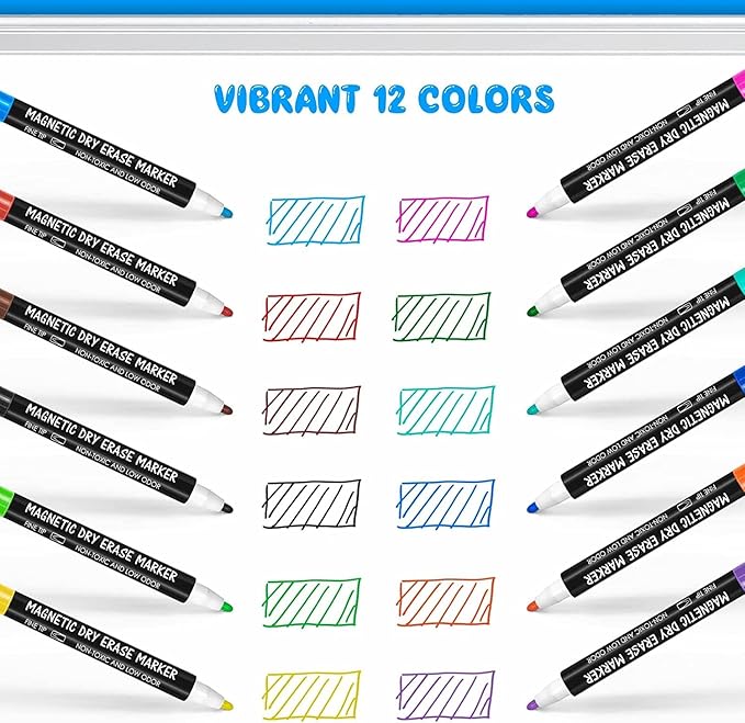 maxtek 24 Count Magnetic Dry Erase Markers, Fine Tip, 12 Colors Whiteboard Markers with Built-in Eraser, Low Odor Thin Markers