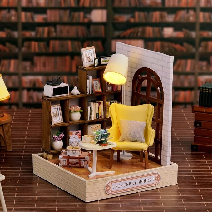 CUTEROOM DIY Doll House Miniature Furniture Wooden House Kit with Dust Cover & LED Light and Accessories-Leisure Moment