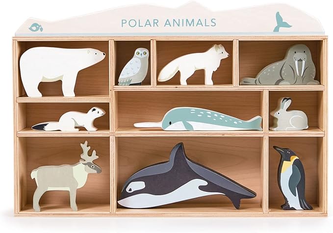Tender Leaf Toys - Polar Animals - 10 Solid Wood Polar Animals with Shelving Unit - Made for Little Hands, Improve Hand-Eye Coordination for Boys and Girls - Age 3+