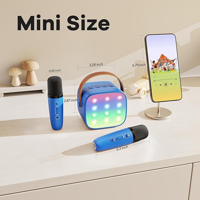 Mini Karaoke Machine for Kids Adults, Portable Bluetooth Speaker with 2 Wireless Microphones, Birthday Gifts Toys for Girls Boys Ages 3, 4, 5, 6, 7, 8, 9,10,11,12+ Years Old Toddler (Royal-Blue)