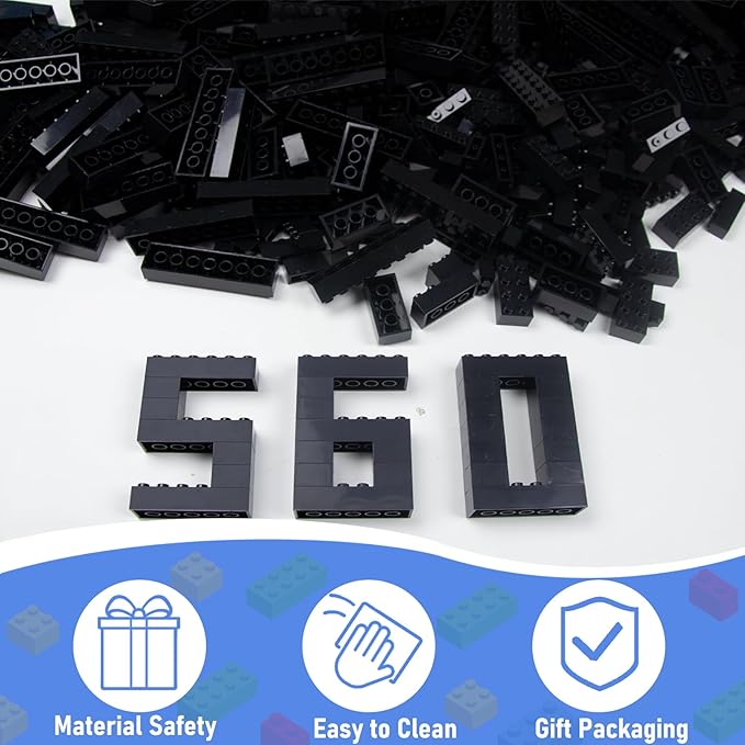 560 Pieces Black Classic Building Blocks Bulk with 2 Base Plates, Building Bricks in 7 Size, Compatible with All Major Bricks, for Kids & MOC Lovers
