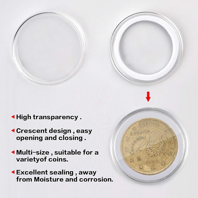 ALCYON 84 Pieces 46 mm Coin Capsules, with Foam Gasket and Plastic Storage Organizer Box, Coins Holder Collector Case for Coin Collection Supplies 6 Sizes (20/25/27/30/38/46mm) - Transparent