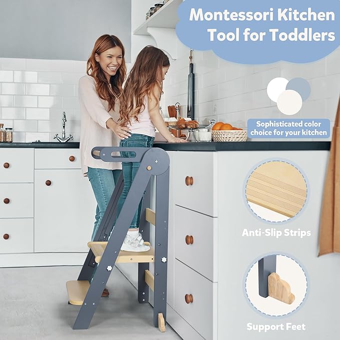 Foldable Toddler Kitchen Wood Step Stool with Hook, Pre-Assembled Wooden Folding Montessori Learning Helper for Kids, Folding Standing Tower with 3 Adjustable Height Step for Counter Sink-Gray