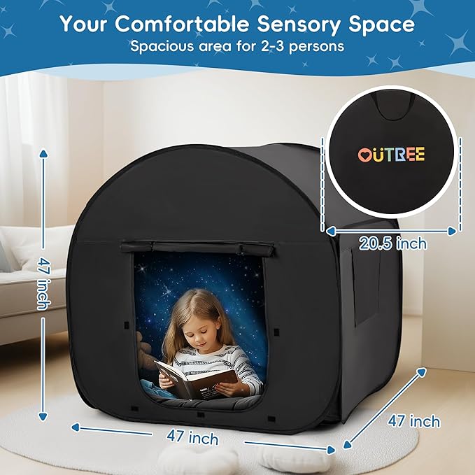 OUTREE Sensory Tent 47 * 47 * 47 in, Black Print, Sensory Room for Kids with Autism, Pop Up Play Tent