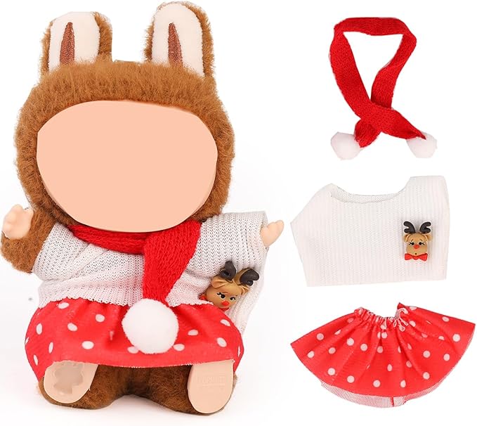 Doll Clothes for Labubu(NO Doll), for 17/15cm Plush Dolls, Clothing Suit Toy Figurine Outfit Set Dress Up with Kawaii Style Accessories, Skirt or Overall and Cute Hat or Headwear (SD10)