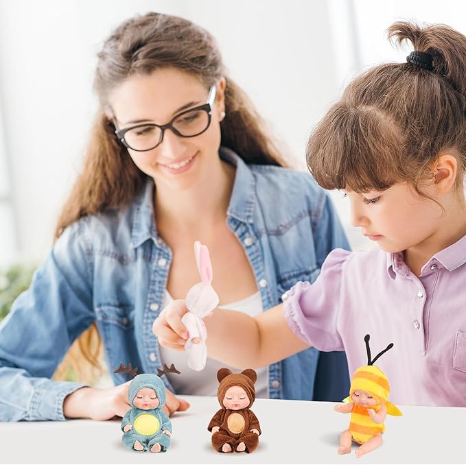 Hanaive 4 Pcs 4 Inch Mini Baby Dolls Lifelike Realistic Baby Dolls Animal Clothes Cute Tiny Gifts for Kids Birthday Party(Cute Style)