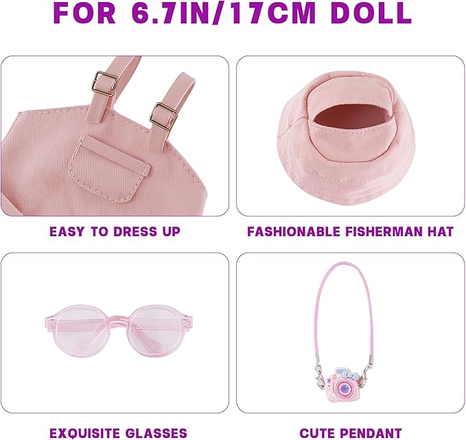 17cm Doll Clothes Set 4-Piece Outfits for Doll Pink Fashion Clothing for Plush Dolls Accessories with Glasses and Bucket Hat