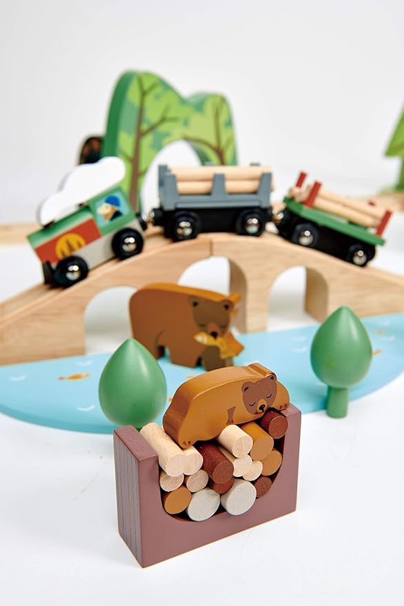 Tender Leaf Toys - Wild Pines Train Set - 95 Pieces Wooden Train & Bridge Set for Kids, Toddler Boys & Girls - Compatible with Most Toy Trains - Age 3+