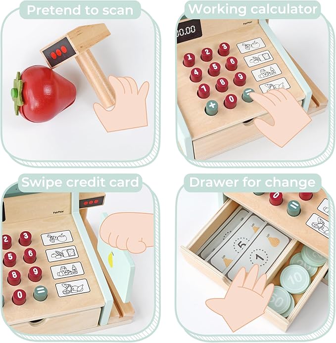 PairPear Wooden Toy Cash Register,Kids Pretend Play Money Counting Toys with Scanner and Credit Card,Toddler Cashier Toy Grocery Play Food Accessory for Pre-School Gift Boys Girls 3+