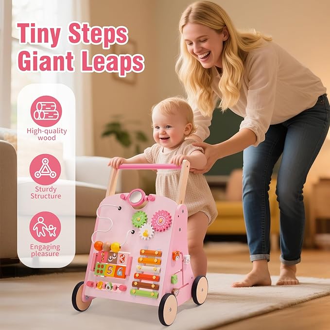 CUTE STONE Wooden Baby Walker, Montessori-Style Push Walker with Activity Center, Adjustable Height, Push Toys for Toddler Development, First Birthday Gift for Kids Pink